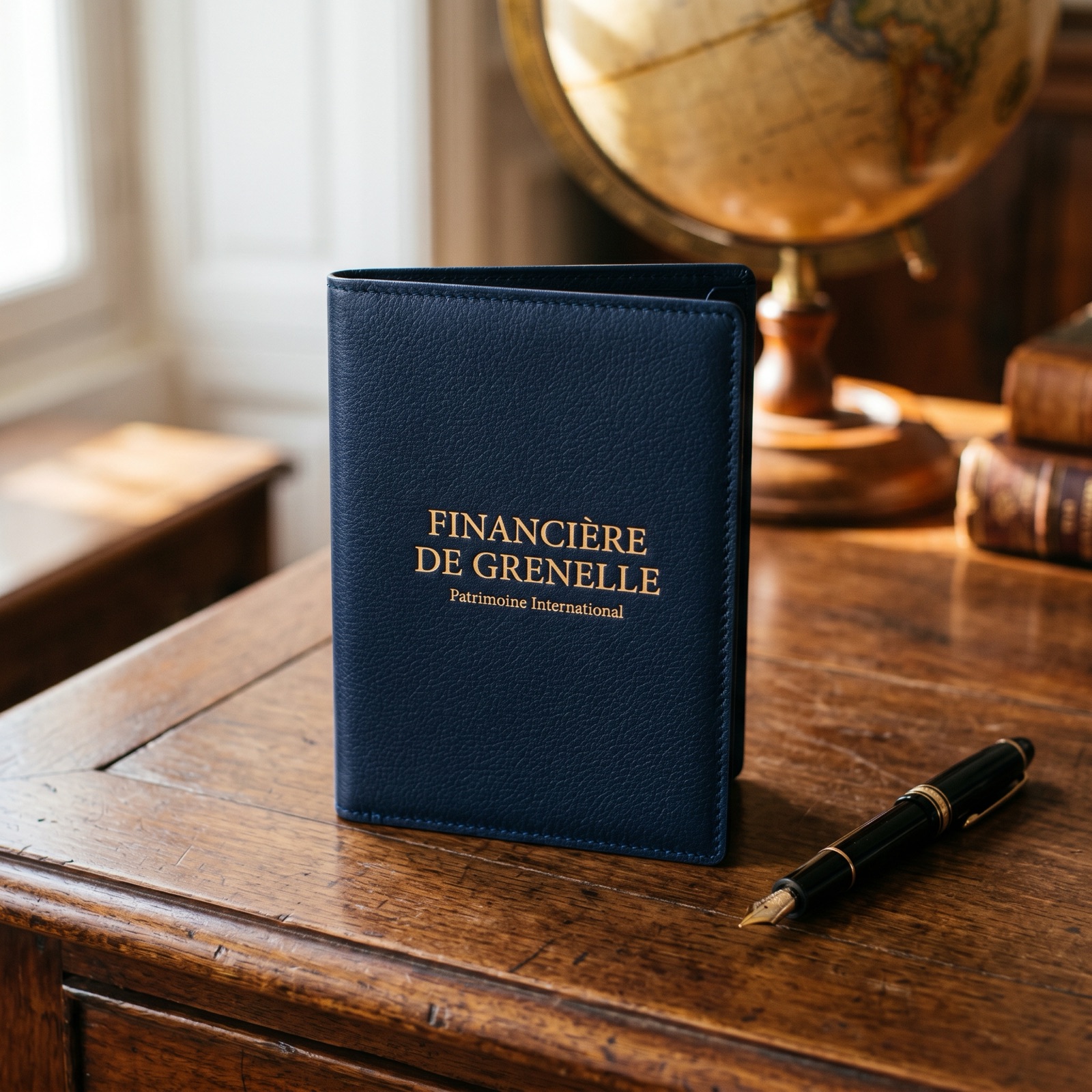 Portefeuille en cuir bleu marine Financière de Grenelle Patrimoine International posé sur un bureau ancien avec un globe terrestre et une plume